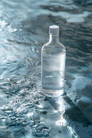 A clear glass bottle of water sits on a textured surface with water ripples and bubbles, evoking freshness and purity.の素材