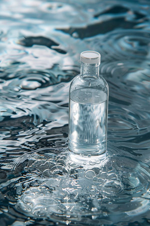 A transparent glass bottle containing clear liquid rests in mesmerizing, swirling water with small bubbles forming at its base.の素材