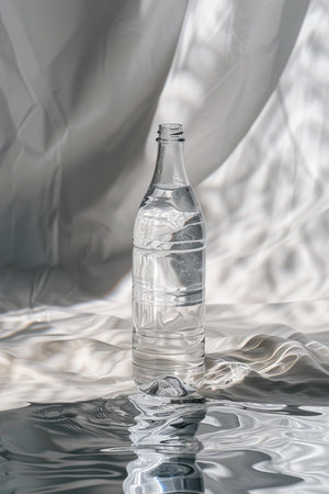 A transparent plastic bottle of pure water is presented against a textured fabric backdrop, with its base immersed in a liquid surface.の素材