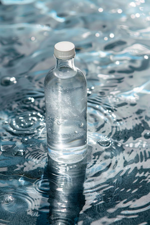 A clear glass bottle of sparkling water with visible bubbles, submerged in dynamic, rippling water with light reflections.の素材