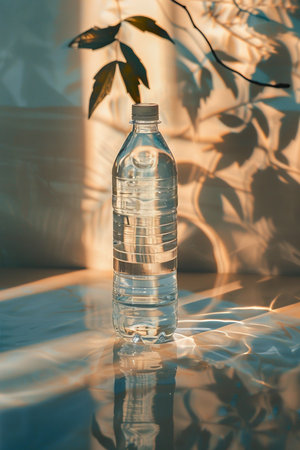 A clear plastic bottle of water sits on a reflective surface, illuminated by sunlight creating dappled shadows and highlights.の素材