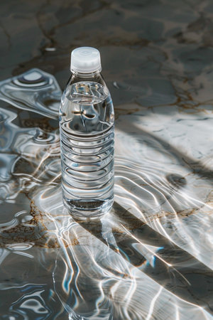 A pristine plastic bottle filled with clear water sits on a marble surface, illuminated by light creating intricate water reflections.の素材