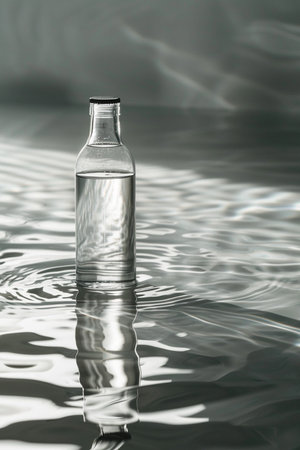 A clear glass bottle containing water rests in a pool of rippling water, with dramatic light reflections on the surface.の素材