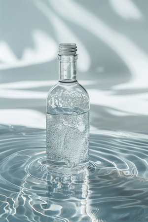 A clear glass bottle contains effervescent sparkling water with visible bubbles. The bottle sits on a reflective surface with concentric water ripples.の素材