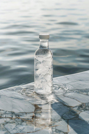 A clear glass bottle containing ice cubes and water is positioned on a marble surface, with soft water ripples in the background.の素材
