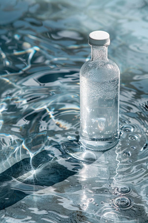 A clear glass bottle filled with sparkling water and small bubbles is submerged in rippling blue water, catching sunlight.の素材