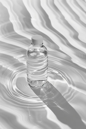 A clear plastic bottle filled with water rests in calm, rippling water, casting a shadow with beautiful abstract light patterns on a clean background.の素材