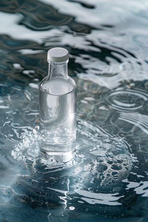 A clear glass bottle filled with liquid, partially submerged in water creating ripples and reflective highlights. Bubbles form around the base.の素材