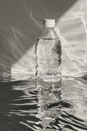 A still life image of a clear plastic water bottle submerged in rippling water, with dramatic light refractions on the background.の素材
