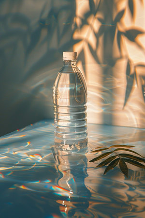A transparent plastic bottle filled with clear water, bathed in warm light creating dramatic shadows, refractions, and reflections.の素材