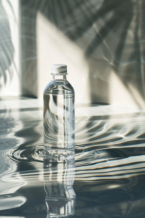 A clear plastic bottle filled with water floats on a surface of rippling water, illuminated by dramatic light and shadow patterns.の素材
