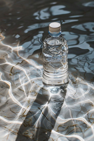 A clear plastic water bottle rests on marble tiles submerged in clear pool water, with dappled sunlight creating abstract patterns.の素材
