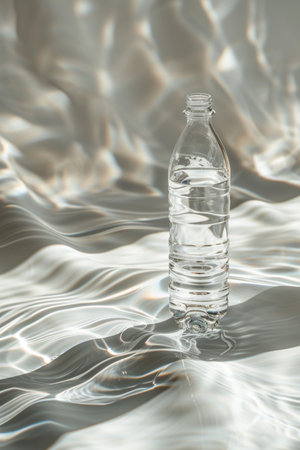 A transparent plastic bottle filled with clear water rests on a wavy, textured surface, casting dynamic light patterns and shadows.の素材