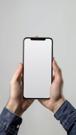 A person holds a contemporary smartphone with an empty white display, highlighting its sleek design and connectivity.の素材