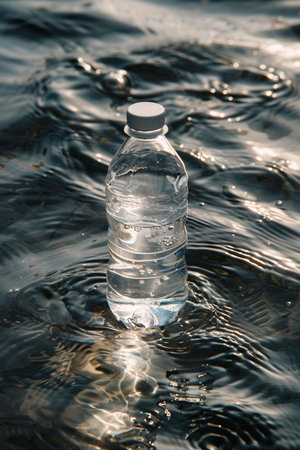 A single clear plastic water bottle floats on dark, rippling water. Sunlight creates shimmering reflections on the water's surface.の素材