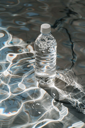 A clear plastic water bottle filled with bubbly water sits on a surface reflecting wavy light patterns and sunlight. Clean, refreshing, hydration concept.の素材