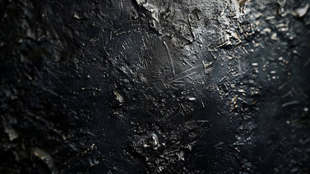 A detailed macro view of a rough, textured black surface with prominent impasto brush strokes and visible scratches, creating a sense of depth.の素材