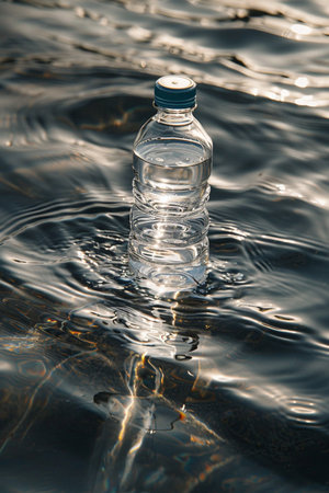 A transparent plastic bottle filled with clear water bobs on the surface of dark, rippling water, reflecting sunlight.の素材