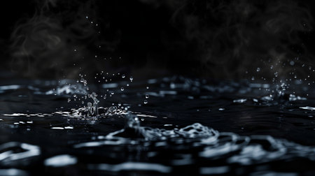 Dramatic close-up of hot water splashing and creating ripples with wisps of steam rising in a dark, moody atmosphere.の素材