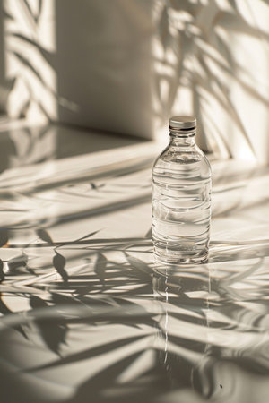A transparent plastic bottle filled with clear water sits on a reflective surface, casting shadows from leaves illuminated by sunlight.の素材