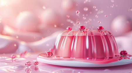 A refreshing pink jelly dessert garnished with berries and surrounded by delicate bubbles, set against a soft, dreamy background.の素材