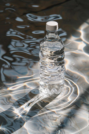 A clear plastic water bottle filled with water, standing on a surface with rippling water and strong light refractions.の素材