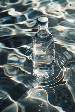 A transparent plastic bottle filled with water is positioned on a disturbed water surface, creating abstract light patterns.の素材