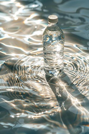 A clear plastic water bottle submerged in water, showing reflections and ripples from sunlight.の素材