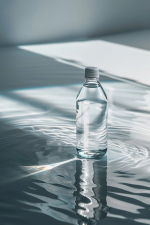 A clear plastic water bottle sits in rippling water, casting a reflection with dramatic light and shadow patterns across the surface.の素材