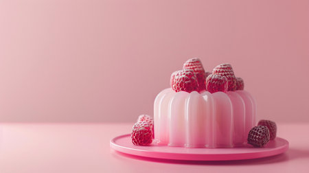 A visually appealing pink jelly dessert adorned with ripe raspberries and powdered sugar, set against a pastel pink backdrop.の素材