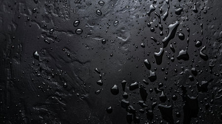 A detailed close-up of a dark, textured surface with scattered water droplets and larger puddles.の素材