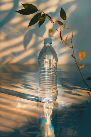 A transparent plastic water bottle with a white cap, set against a background with dappled light and shadows, reflecting on a glossy surface with delicate green leaves.の素材