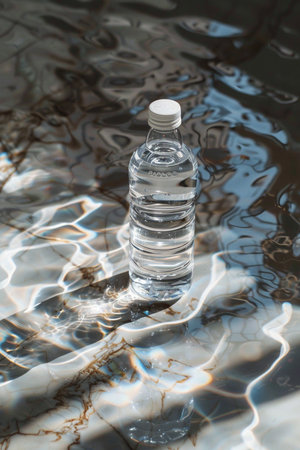 A transparent water bottle with a white cap sits on a marble surface, illuminated by shifting light patterns from water ripples.の素材