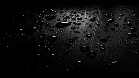 Macro shot of clear water drops on a dark textured background, highlighting reflections and a glossy, wet appearance.の素材
