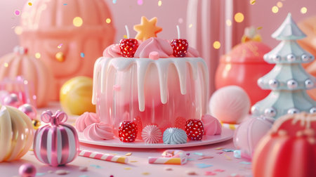 A delightful close-up of a translucent pink jelly cake with white icing drips, topped with cherries and a star, set against a pastel party background.の素材