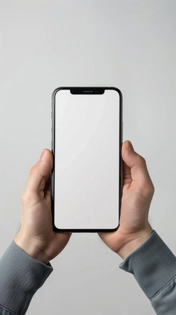 A hand holding a smartphone with a white screen, isolated on a simple light gray backdrop. Modern mobile device.の素材