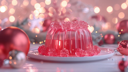 A festive raspberry jelly dessert, adorned with fresh raspberries and set against a backdrop of sparkling bokeh lights and Christmas ornaments.の素材