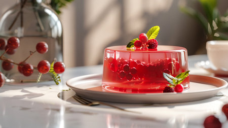 A vibrant red jelly dessert with berries suspended within, beautifully presented with garnishes. Perfect for food and dessert themes.の素材