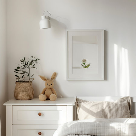 A serene bedroom corner featuring a nightstand with decor, a bed with soft linens and a pillow.の素材