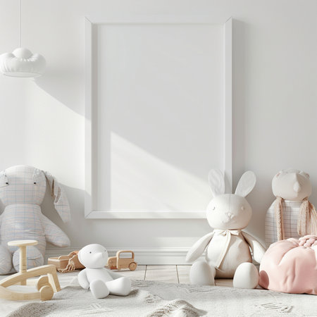Bright and airy nursery room with soft stuffed animals, a rocking horse, and a blank picture frame for customization.の素材