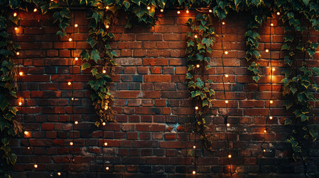 Rustic brick wall with vibrant green ivy and warm string lights creating a cozy and inviting atmosphere at night.の素材