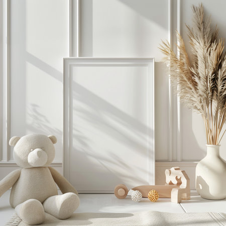 A serene nursery setup featuring a plush teddy bear, cute wooden toys, dried pampas grass, and a blank frame against a stylish wall.の素材