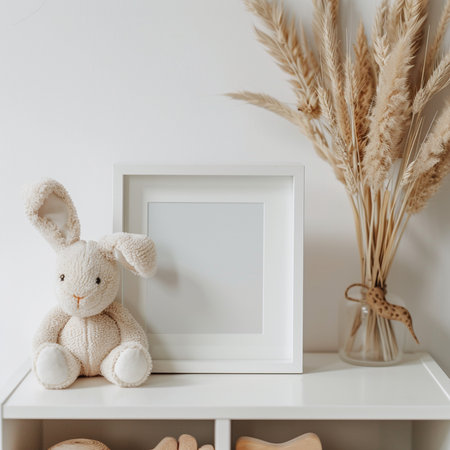 A warm and inviting nursery shelf arrangement featuring a plush bunny, an empty picture frame, and elegant dried pampas grass, perfect for a minimalist and calming aesthetic.の素材