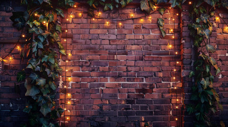 A rustic brick wall decorated with green ivy and warm string lights creates a cozy outdoor atmosphere in the evening.の素材