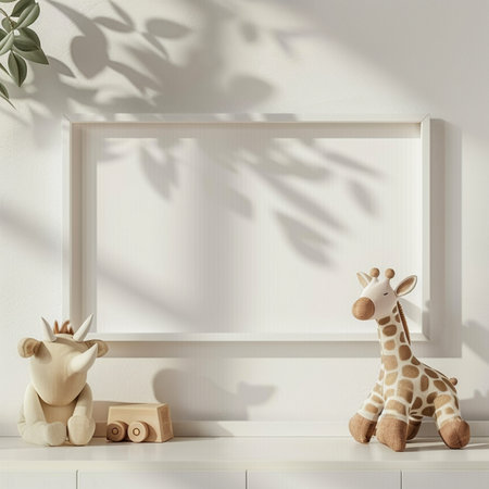 A minimalist nursery shelf with cute stuffed animal toys, a wooden toy, and a blank picture frame, accented by soft leaf shadows.の素材