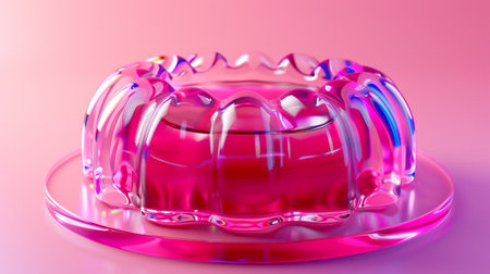 A shimmering pink jelly dessert, molded with wavy edges, sits on a clear glass plate against a gradient pink background.の素材