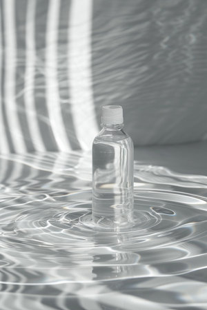 A transparent plastic bottle filled with clear liquid stands in rippling water, illuminated by striking light stripes on a soft background.の素材