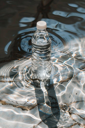 A clear plastic bottle of water floats on rippling water, creating beautiful light refractions on a marble surface.の素材