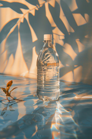 A plastic water bottle filled with clear liquid sits on a shimmering, wavy surface. Dramatic plant shadows create a natural pattern on the backdrop.の素材