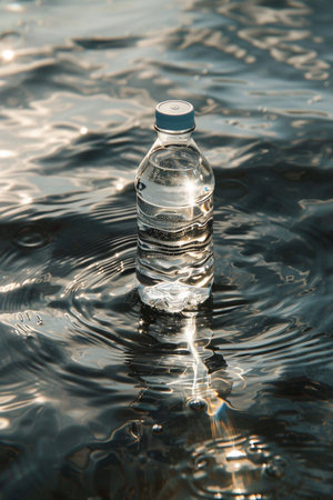 A clear plastic bottle filled with water floats on a dark, rippling water surface. Sunlight creates bright reflections and highlights on the water.の素材
